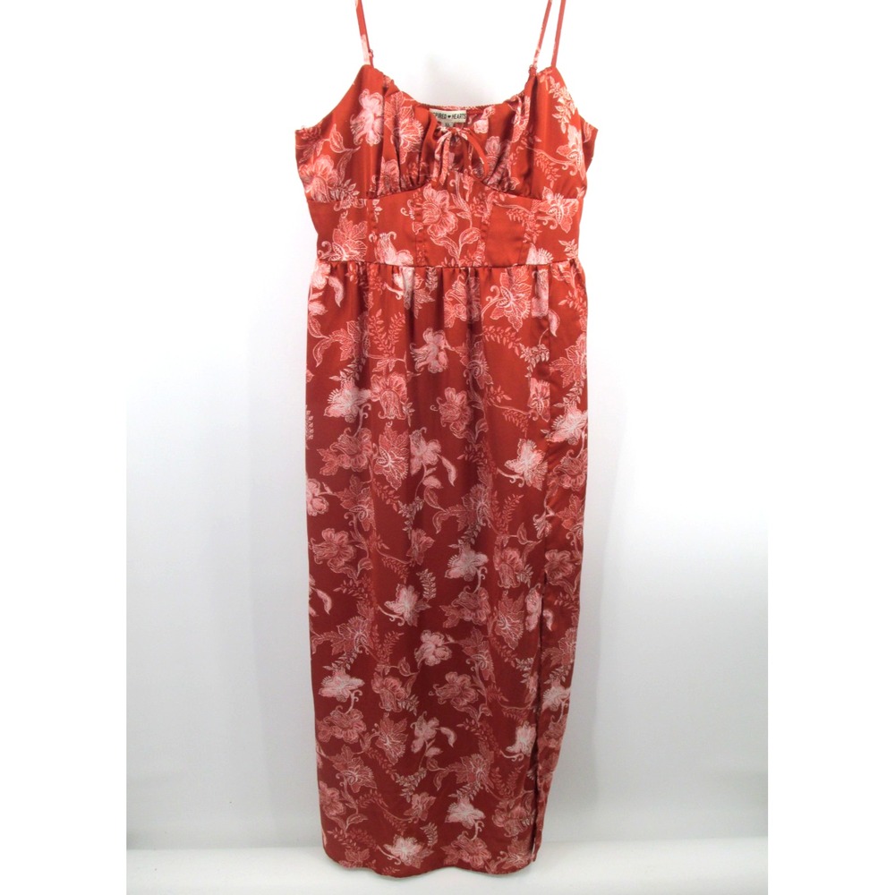 Inspired Hearts Women XL Brown Floral Satin Midi Slip Dress Cottagecore Boho